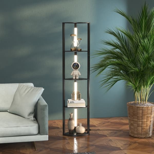Rootz LED-golvlampa med hylla - Modern svart stående lampa - Hög hörnlampa - 3 ljusstyrkanivåer - Integrerad LED - 41cm x 29,5cm x 163,5cm