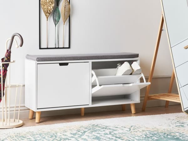 Skooppbevaringsskap Hvit MDF 2 Rom med Pute på Toppen Minimalistisk Skandinavisk Stil Design Gang