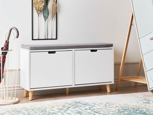 Skooppbevaringsskap Hvit MDF 2 Rom med Pute på Toppen Minimalistisk Skandinavisk Stil Design Gang