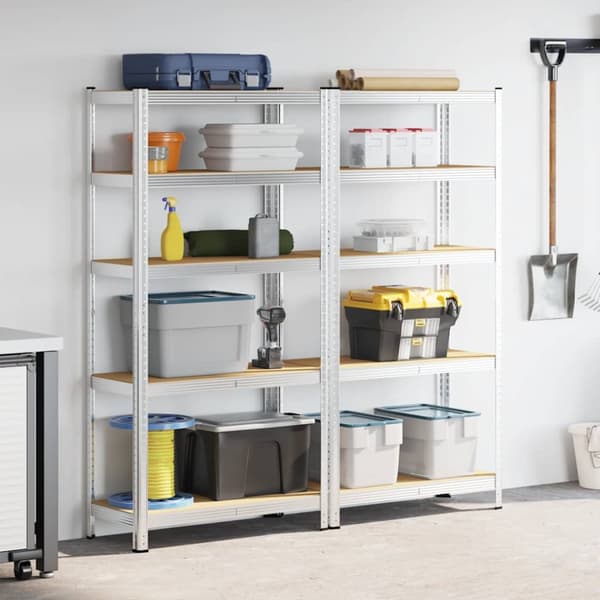 Hyllyt 5 hyllyllä, 2 kpl, terästä ja puupohjaista materiaalia