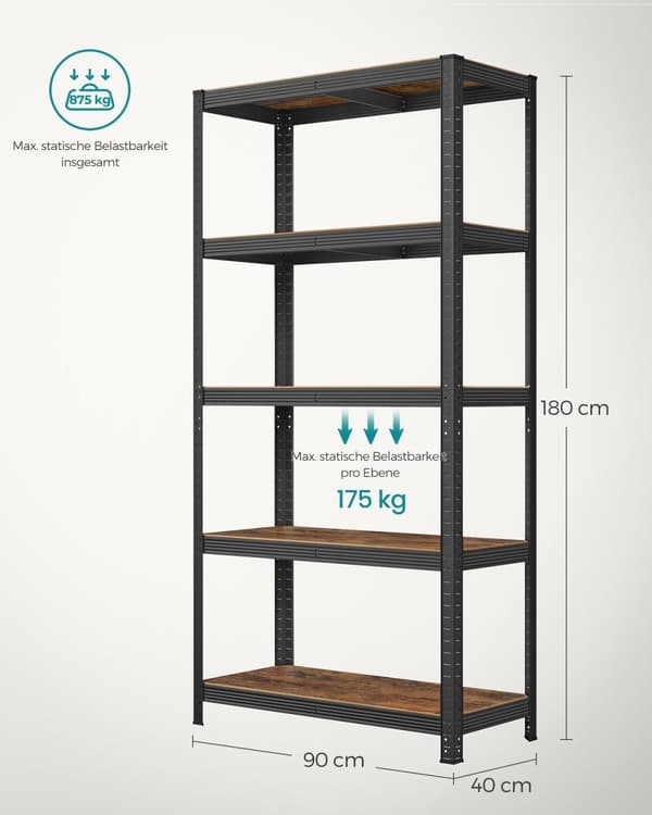 Rootz 2-lags reol - Stående hylder - Opbevaringsstativ - Kraftig - 50 cm x 100 cm x 180 cm - Grå - Stål og MDF - 120 kg pr.