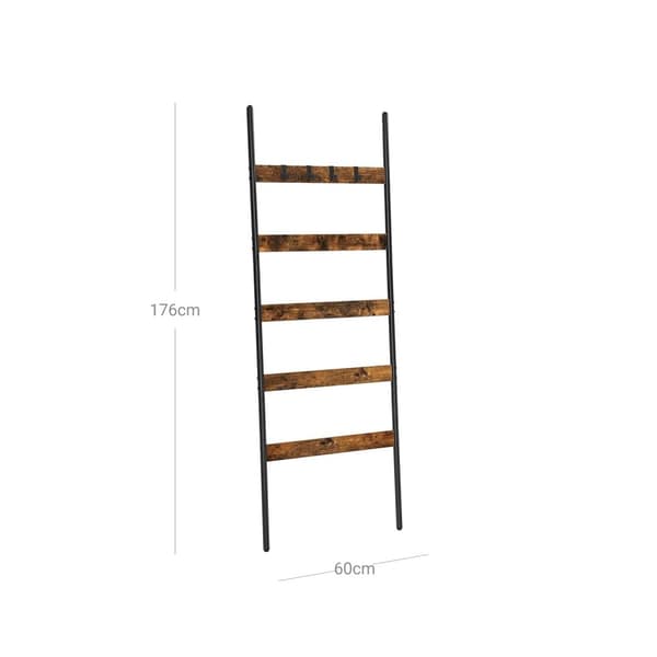 Rootz 5 -runkoinen tikapuuhylly - Vintage puu - Musta teräs - Seinäasennus - 65 cm x 178 cm - Pyyhehylly - Moderni sisustusosa