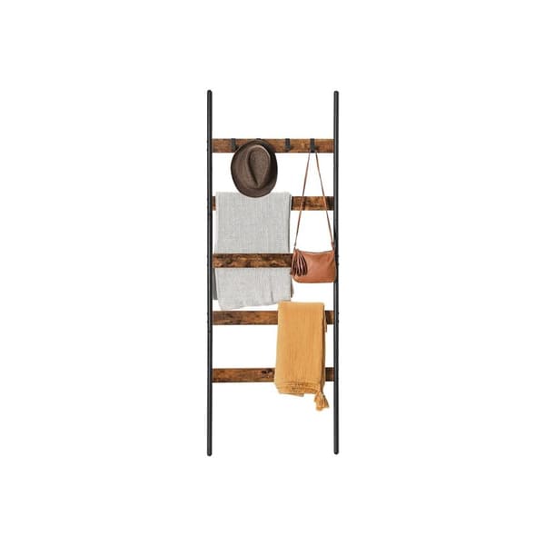 Rootz 5 -runkoinen tikapuuhylly - Vintage puu - Musta teräs - Seinäasennus - 65 cm x 178 cm - Pyyhehylly - Moderni sisustusosa