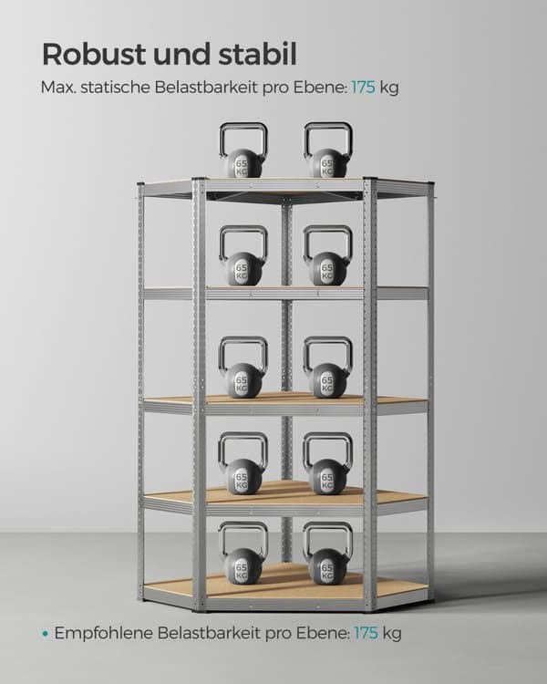 Rootz Heavy Duty hjørnehylde - Opbevaringsstativ - Galvaniseret stål - MDF - Naturlig beige - 90 cm x 90 cm x 180 cm - Understøtter 875 kg
