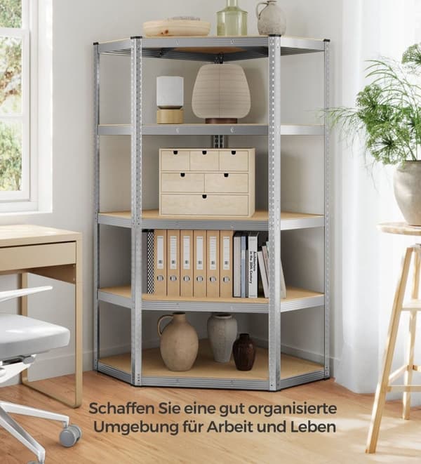 Rootz Heavy Duty hjørnehylde - Opbevaringsstativ - Galvaniseret stål - MDF - Naturlig beige - 90 cm x 90 cm x 180 cm - Understøtter 875 kg