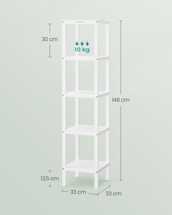 Rootz smal bambus-badeværelseshylde - Høj hylde - Pladsbesparende organisering - Bambusmateriale - 33 cm x 33 cm x 146 cm