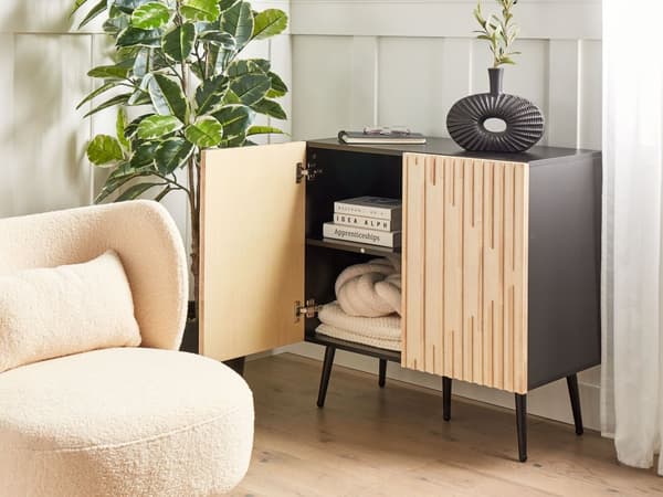 Kommode lyst træ mdf massivt træ jernben 2-dørs opbevaring moderne stil stue soveværelse