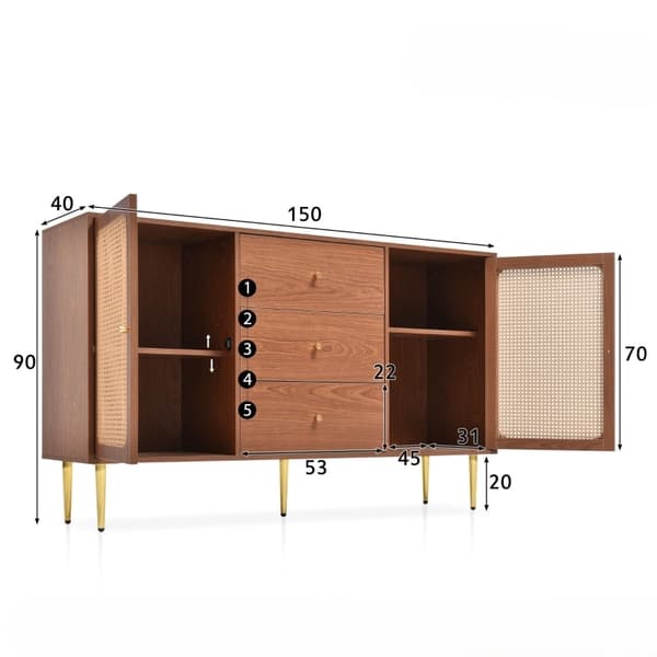 Rootz Faux Rattan lipasto - 2 ov, 3 laatikkoa - pähkinäviimeistely - Runsaasti säilytystilaa - 150L x 40D x 90K cm