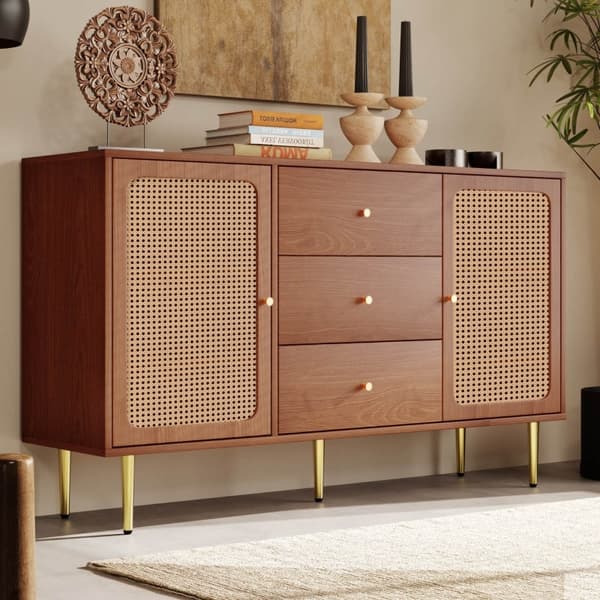 Rootz Faux Rattan lipasto - 2 ov, 3 laatikkoa - pähkinäviimeistely - Runsaasti säilytystilaa - 150L x 40D x 90K cm