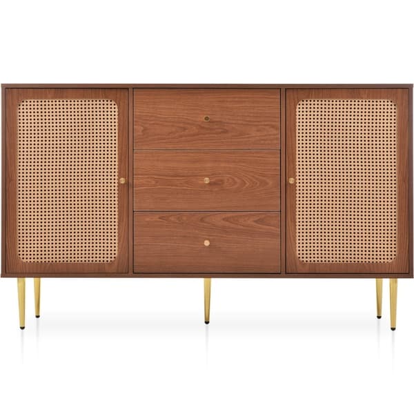 Rootz Faux Rattan byrå - 2 dörrar, 3 lådor - Valnötsfinish - Gott om förvaring - 150L x 40D x 90H cm