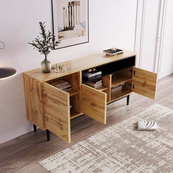 Rootz Modern senkki - Buffet-kaappi - Säilytyskonsoli - Säädettävät hyllyt - 160L x 35W x 76H cm - Musta Puupinta - Helppo koota