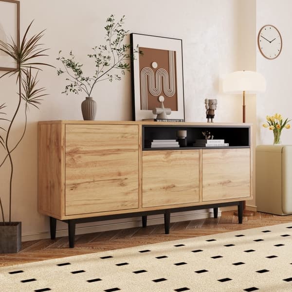 Rootz Modern senkki - Buffet-kaappi - Säilytyskonsoli - Säädettävät hyllyt - 160L x 35W x 76H cm - Musta Puupinta - Helppo koota