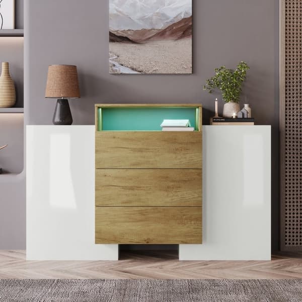 Rootz Modern skænk - Højglans hvid - Stilfuld opbevaringsenhed - Justerbar LED-belysning - 140L x 30W x 77,5H cm