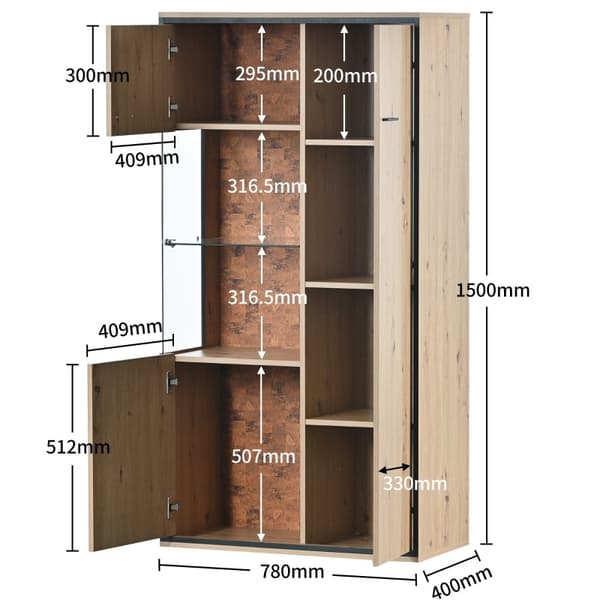 Rootz Modern Vitriinikaappi - Vitriinit - LED Kaappi - 15 väriä LED Valaistus - 150K x 78W x 40D cm