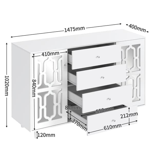 Rootz White Spejlskænk - Luksus opbevaringsenhed - Elegant kabinet - Krystalhåndtag - Nem montering - 147,5L x 40W x 102H cm