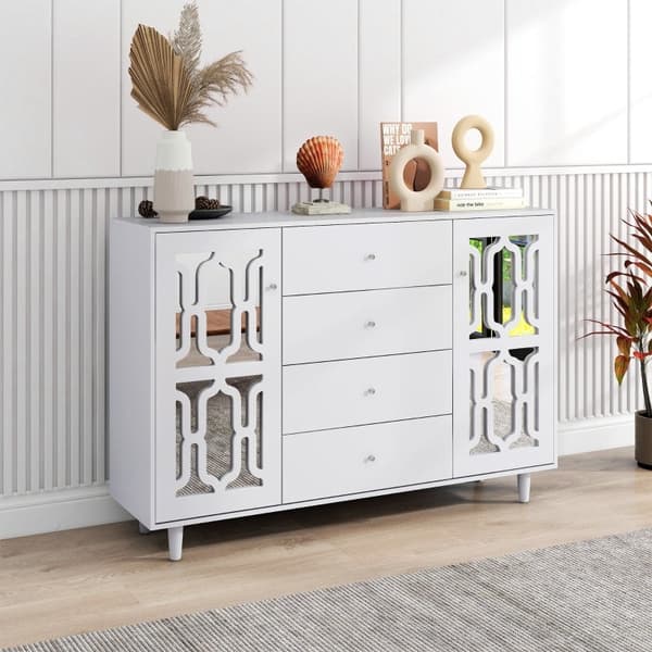 Rootz White Spejlskænk - Luksus opbevaringsenhed - Elegant kabinet - Krystalhåndtag - Nem montering - 147,5L x 40W x 102H cm