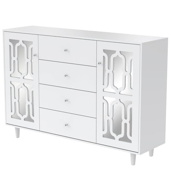 Rootz White Spejlskænk - Luksus opbevaringsenhed - Elegant kabinet - Krystalhåndtag - Nem montering - 147,5L x 40W x 102H cm