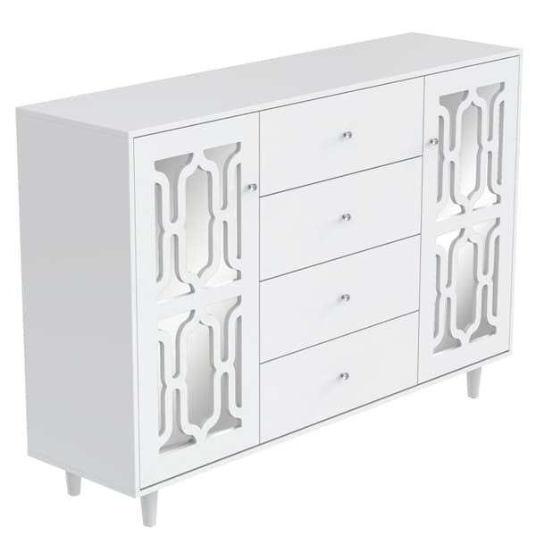Rootz White Spejlskænk - Luksus opbevaringsenhed - Elegant kabinet - Krystalhåndtag - Nem montering - 147,5L x 40W x 102H cm