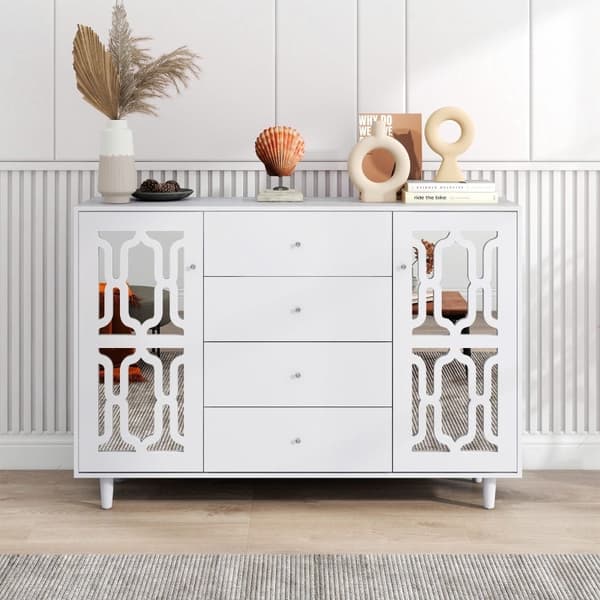 Rootz White Spejlskænk - Luksus opbevaringsenhed - Elegant kabinet - Krystalhåndtag - Nem montering - 147,5L x 40W x 102H cm