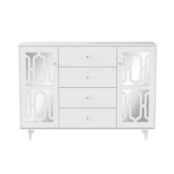 Rootz White Spejlskænk - Luksus opbevaringsenhed - Elegant kabinet - Krystalhåndtag - Nem montering - 147,5L x 40W x 102H cm