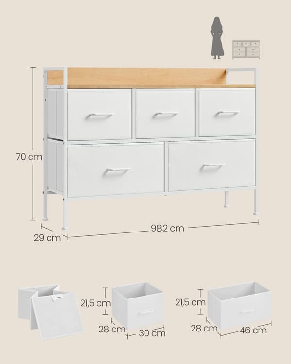 Skuffer med 5 stofskuffer Woolwit og Oak Beige