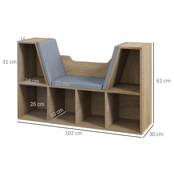 Rootz boghyldebænk - 2 -i -1 møbler - moderne reol - 6 rum - inkluderer puder - 102L x 30W x 61H cm - brun grå