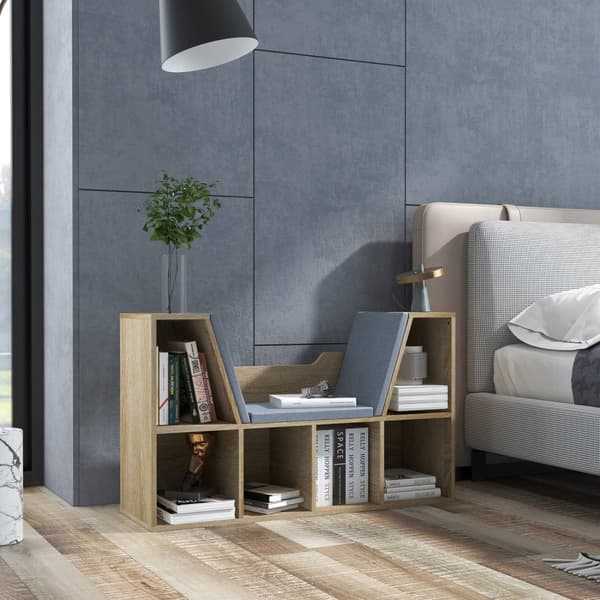 Rootz boghyldebænk - 2 -i -1 møbler - moderne reol - 6 rum - inkluderer puder - 102L x 30W x 61H cm - brun grå