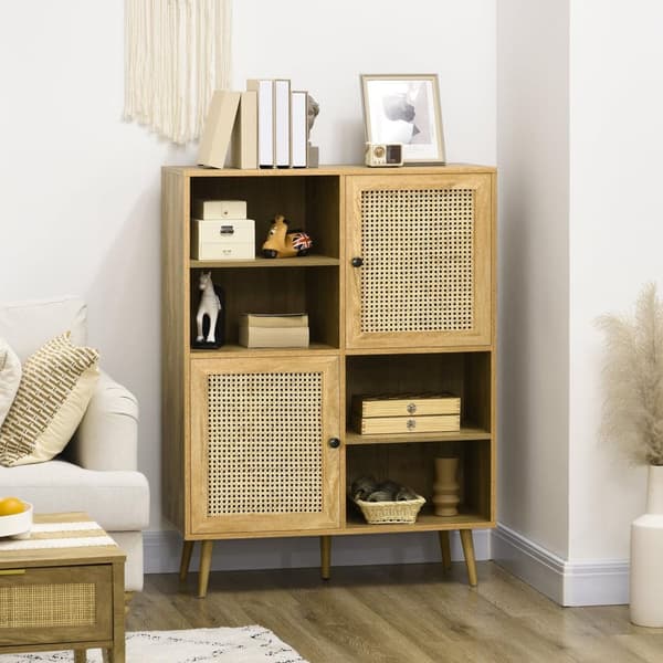 Rootz Buffet Storage -kaappi - puu ja rottinki - korkea jalusta - Vintage Touch - 90L x 32,5W x 120H CM - Monipuolinen säilytysliuos
