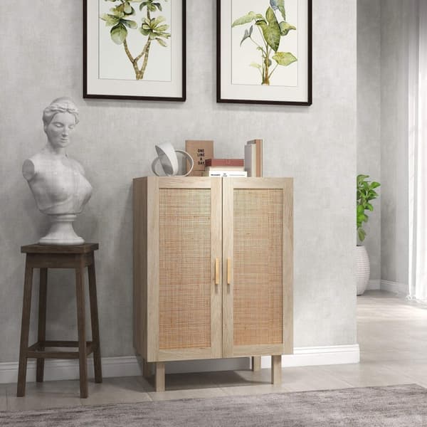 Rootz Bohème High Buffet Cabinet - Rattan Storage Unit - Boho skænk - Skjult opbevaring - 73 x 41 x 102 cm