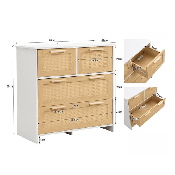 Rootz högkvalitativ rottingskåp - 4 Lådring - Solidträhandtag - Hållbart och snyggt - 80L x 80W x 38H cm