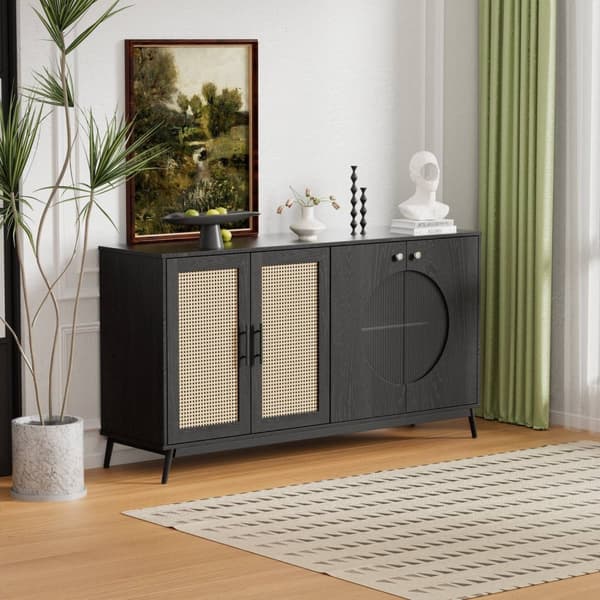 Rootz skænk med rotting glasdøre - opbevaringsskab - buffetbord - stor opbevaringsplads - 160L x 40W x 80H cm