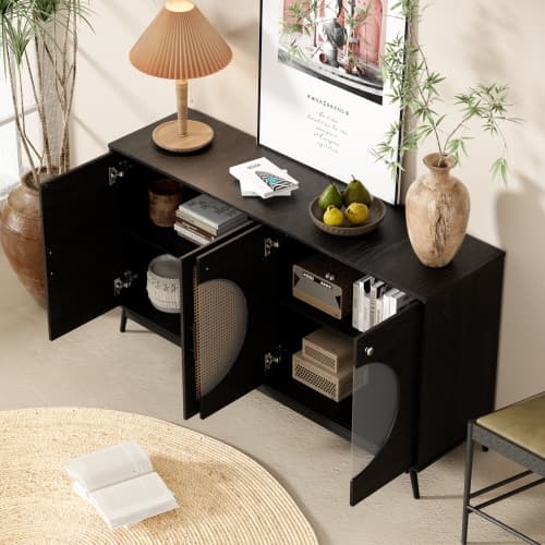 Rootz skænk med rotting glasdøre - opbevaringsskab - buffetbord - stor opbevaringsplads - 160L x 40W x 80H cm