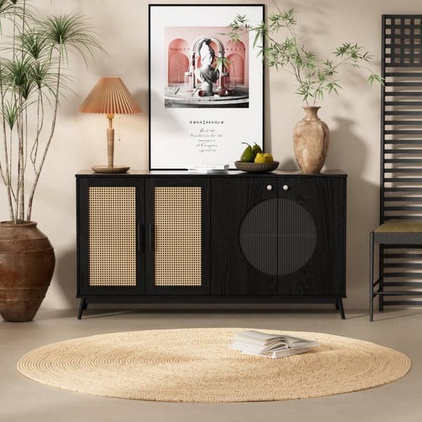 Rootz skænk med rotting glasdøre - opbevaringsskab - buffetbord - stor opbevaringsplads - 160L x 40W x 80H cm