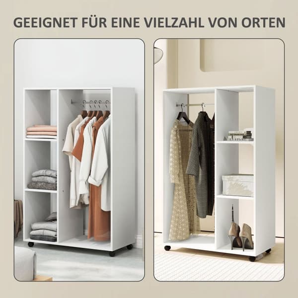 Rootz Garderobe på hjul - Mobil garderobe - Rullende tøjstativ - Rummelig opbevaring - 80 x 40 x 128 cm, hvid