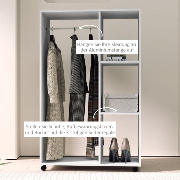 Rootz Garderobe på hjul - Mobil garderobe - Rullende tøjstativ - Rummelig opbevaring - 80 x 40 x 128 cm, hvid