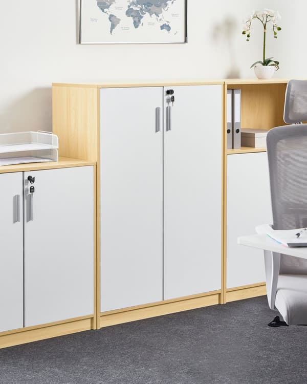 Oppbevaringsskap Lysebrun Hvit Sponplater 117 cm 3 hyller 2 dører Moderne stil Hjemmekontor Oppbevaring