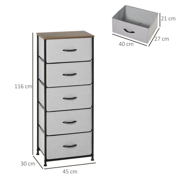 ROOTZ 5 Skuffe Bryst - Opbevaringsskab - Foldbar stofskuffe - Optimal stabilitet - 45 x 30 x 116 cm - Grå
