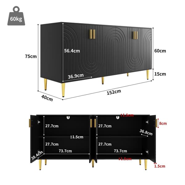 Rootz Black Sideboard - Buffet Table - säilytyskaappi - Ainutlaatuinen akselisuunnittelu - Tyylikäs ruokasalin lisäys - 152 cm x 40 cm x 75cm