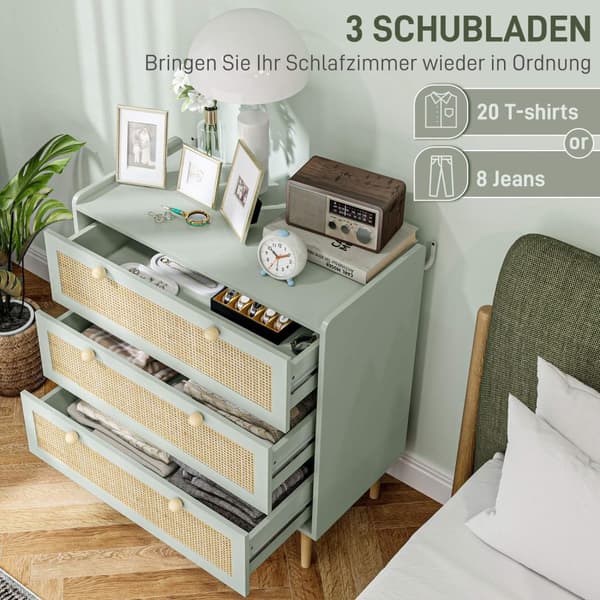 Rootz Bedroom Chest of skuffer - Beklædningsopbevaring - Rattan Fronts - Anti -Tipping Design - 80L x 40W x 87,5 timer cm - Grøn og brun MDF