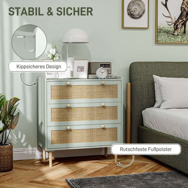 Rootz Bedroom Chest of skuffer - Beklædningsopbevaring - Rattan Fronts - Anti -Tipping Design - 80L x 40W x 87,5 timer cm - Grøn og brun MDF