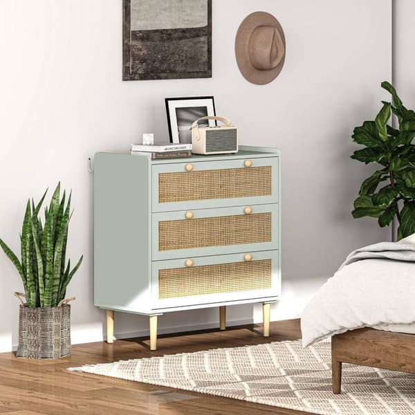Rootz Bedroom Chest of skuffer - Beklædningsopbevaring - Rattan Fronts - Anti -Tipping Design - 80L x 40W x 87,5 timer cm - Grøn og brun MDF