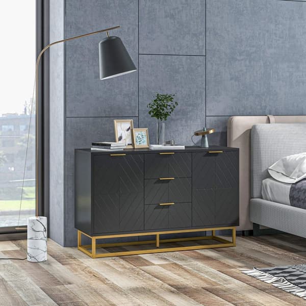 Rootz Buffet Cabinet - Opbevaringsskab - skænk - Justerbare hylder - sort træ og guld metal - 120 x 40 x 76 cm