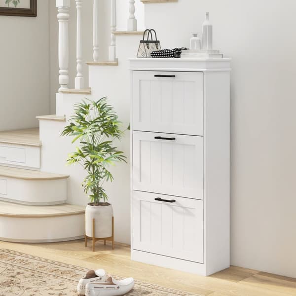 Rootz Shoe Cabinet - 3 foldedøre - Justerbare hylder - Rumbesparende design - 54 x 24 x 117,5 cm - Hvid