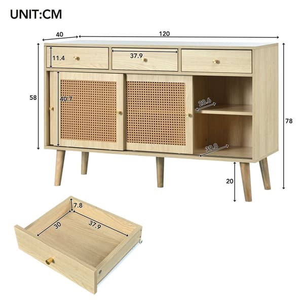 Rootz skænk med skuffer - opbevaringsskab - buffetbord - rotting mesh, 120 × 40 × 78 cm - elegant retro design