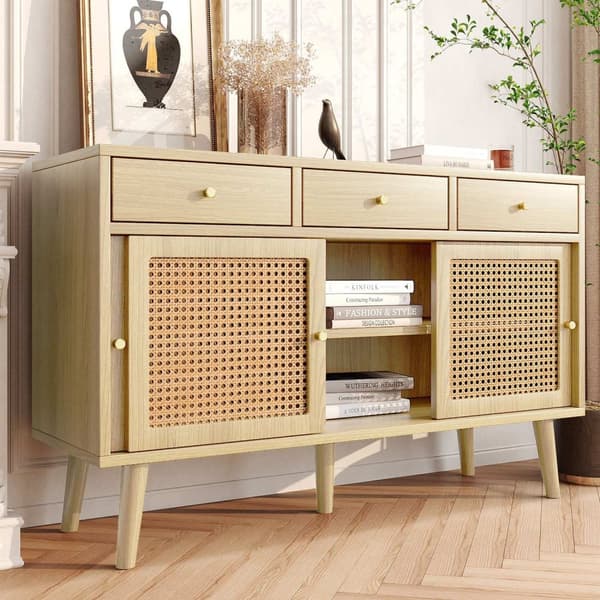 Rootz skænk med skuffer - opbevaringsskab - buffetbord - rotting mesh, 120 × 40 × 78 cm - elegant retro design