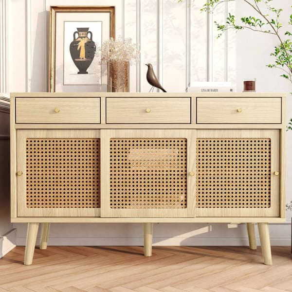 Rootz skænk med skuffer - opbevaringsskab - buffetbord - rotting mesh, 120 × 40 × 78 cm - elegant retro design
