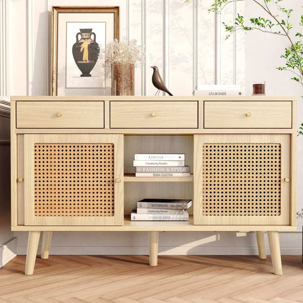 Rootz skænk med skuffer - opbevaringsskab - buffetbord - rotting mesh, 120 × 40 × 78 cm - elegant retro design