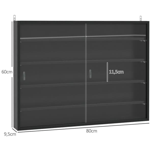Rootz Wall Showcase - Collector's Display Case - Justerbare hylder - glasskydedøre - Beskytter samleobjekter - 80 x 9,5 x 60 cm, sort