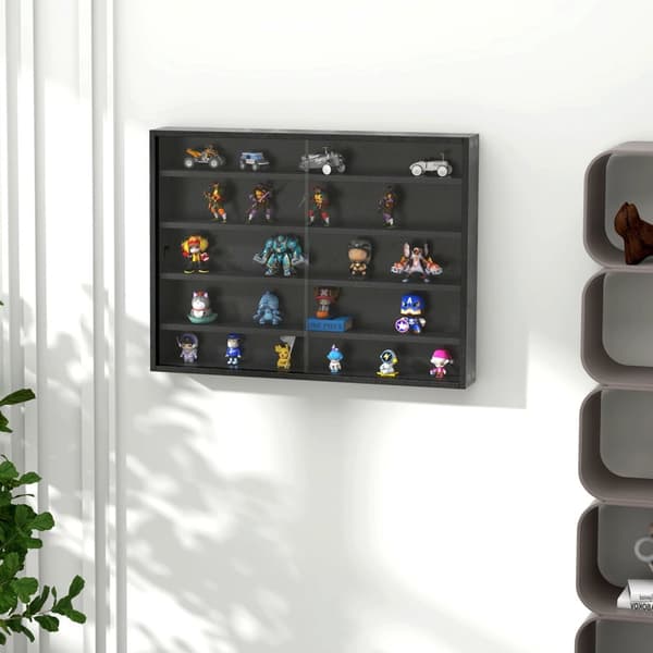 Rootz Wall Showcase - Collector's Display Case - Justerbare hylder - glasskydedøre - Beskytter samleobjekter - 80 x 9,5 x 60 cm, sort