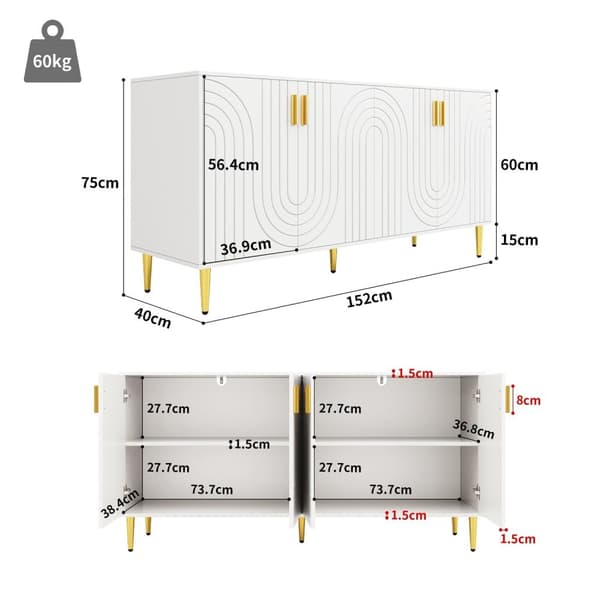 Rootz White skænk - Buffetskab - Opbevaringsenhed - Elegant design, let rengøring, MDF, 152 cm x 40 cm x 75 cm